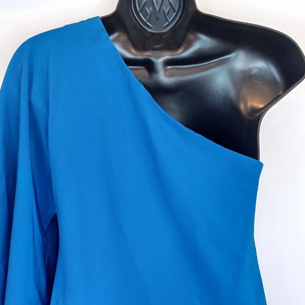 NICOLE MILLER 0 Blue One Shoulder Waterfall Sleeve Dress Lined Special Occasion - Picture 11 of 15